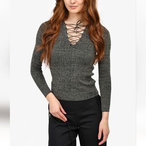 Sandro Paris Metallic Gray Stretch Bodycon Front Tie Blouse…